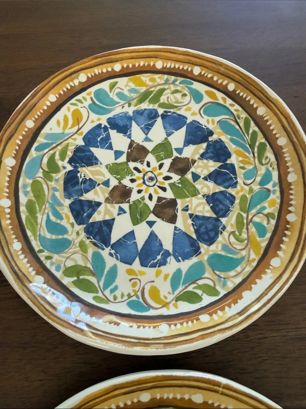 Pottery Barn Melamine Dessert/Salad  Plates in Blue, Green & Gold Set of 6
